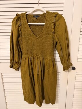 Madewell Olive Smocked V-Neck Midi Dress with Ruffle Shoulders